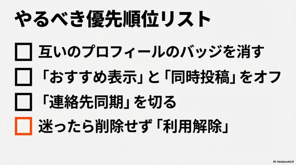 Threadsとインスタの連携解除：バッジ非表示、おすすめ表示と同時投稿のオフ、連絡先同期の切断など、連携解除のやるべき優先順位リスト