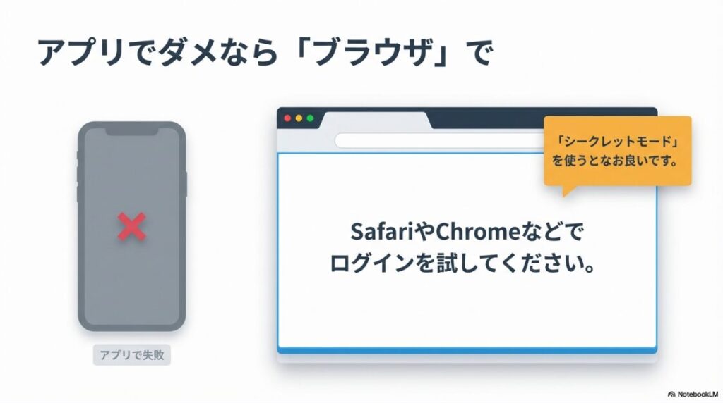 インスタで電話番号を変更後にログインできない：アプリでのログインに失敗した場合、SafariやChromeなどのブラウザでシークレットモードを使ってログインを試すことを推奨するスライド