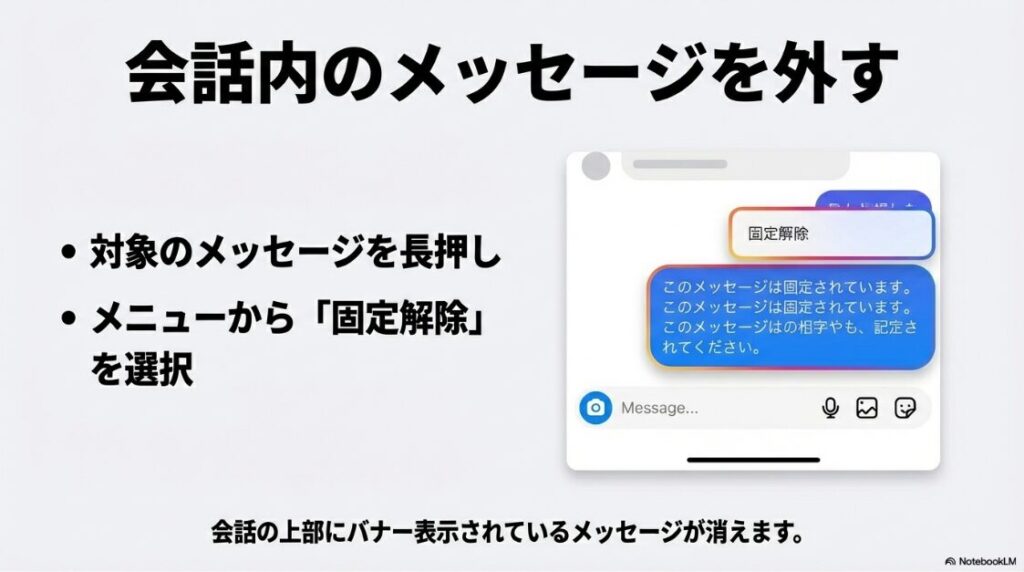 インスタのピン留めを解除の完全ガイド：チャット内の特定メッセージの固定を解除する方法。対象のメッセージを長押ししてメニューから固定解除を選ぶ手順。