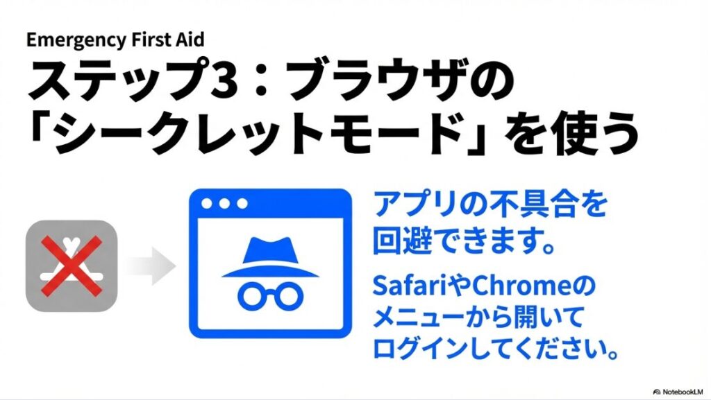 アプリの不具合を回避するために、SafariやChromeのシークレットモードを使ってログインする方法