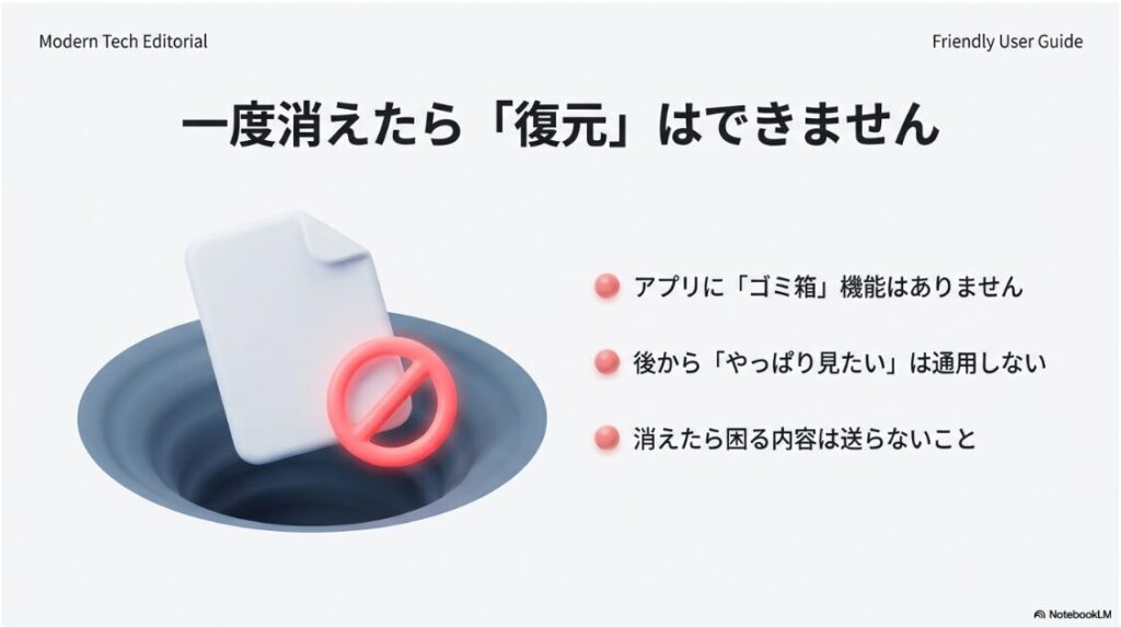 インスタの消えるメッセージはなんのため？一度消えたメッセージはゴミ箱機能などがなく、復元不可能であることを示す注意書き