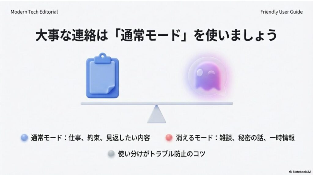インスタの消えるメッセージはなんのため？重要な連絡は通常モード、雑談や秘密の話は消えるモードという使い分けの推奨例
