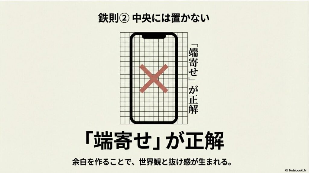 インスタの文字を縦書きにする方法｜スマホ画面での縦書き配置ルール：中央配置のNG例と、端寄せによる抜け感のあるOK例