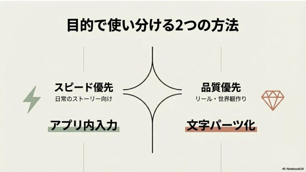 インスタの文字を縦書きにする方法｜スピード優先の擬似縦書きと、品質優先の文字パーツ化（外部アプリ利用）の使い分けフローチャート