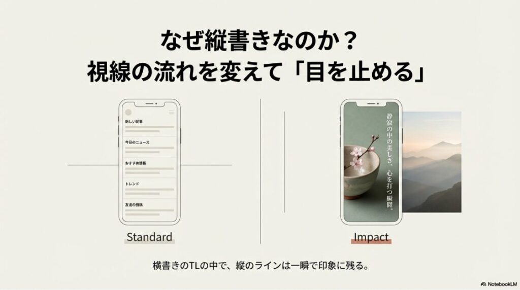 インスタの文字を縦書きにする方法｜横書きのタイムラインの中で、縦書きの文字が視線の流れを変えて目を止める効果の図解