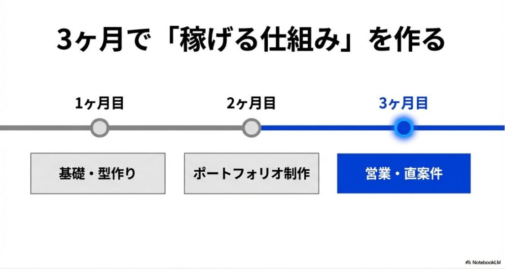 動画編集の副業は稼げないを脱却！横軸のタイムライン形式。1ヶ月目は基礎・型作り、2ヶ月目はポートフォリオ制作、3ヶ月目は営業・直案件というステップを示しています。