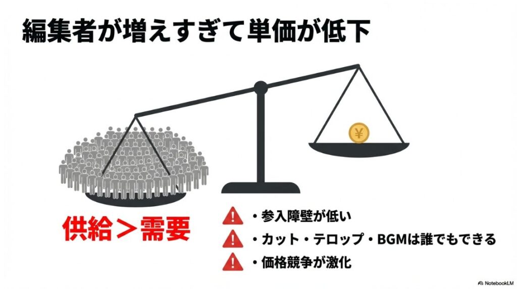 動画編集の副業は稼げないを脱却！天秤の左側に多くの編集者が乗り、右側の報酬（円）が浮き上がっているイラスト。供給が需要を上回り、参入障壁が低いため価格競争が激化していることを示しています。