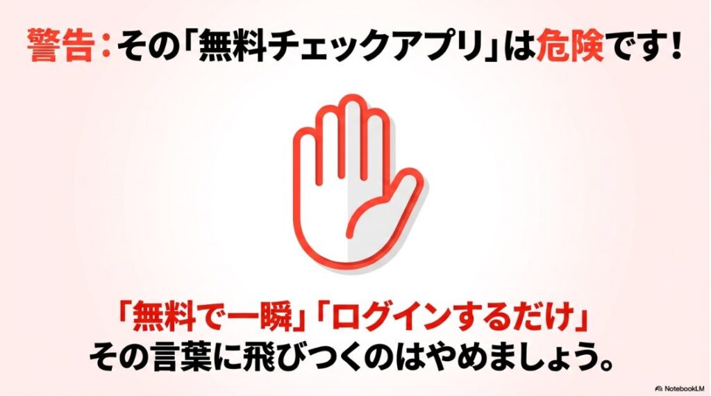 インスタで誰がフォローを外したかわかる方法:無料で一瞬という言葉に飛びつくのは危険であることを示す警告スライド