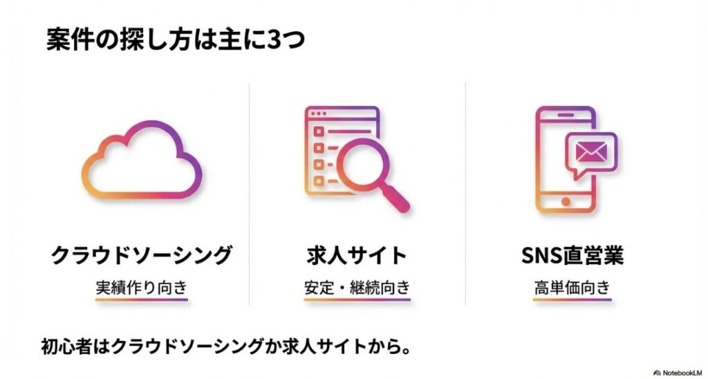 インスタ運用代行副業案件の獲得ルート比較：クラウドソーシング・求人サイト・SNS直営業の特徴