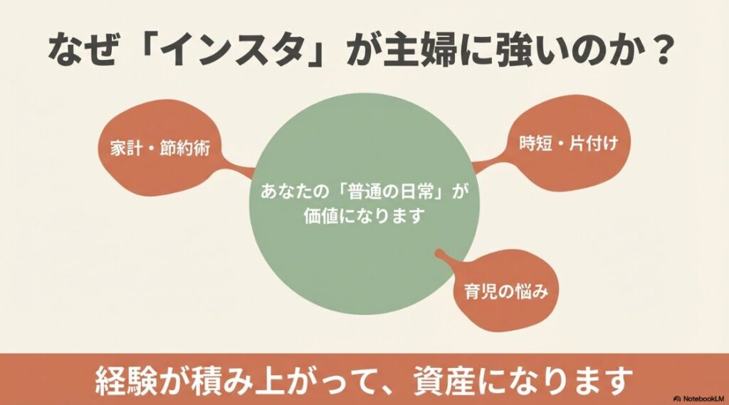 副業を主婦が在宅で始める：家計や育児など主婦の普通の日常が、インスタグラムでは価値になり資産になる理由の図解