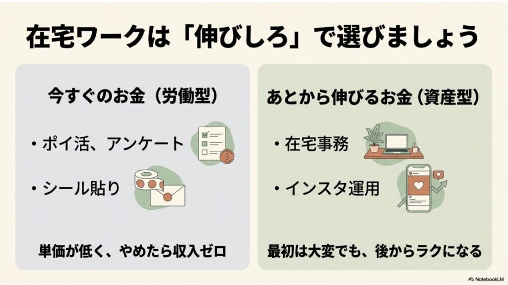 副業を主婦が在宅で始める：シール貼りなどの労働型とインスタ運用などの資産型における、在宅ワークの伸びしろの違いを示す図解