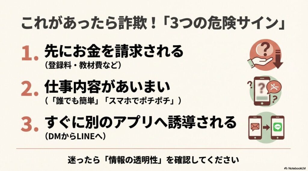 副業を主婦が在宅で始める：先払いの請求や曖昧な仕事内容、LINEへの不自然な誘導など在宅ワーク詐欺の危険サイン3つ
