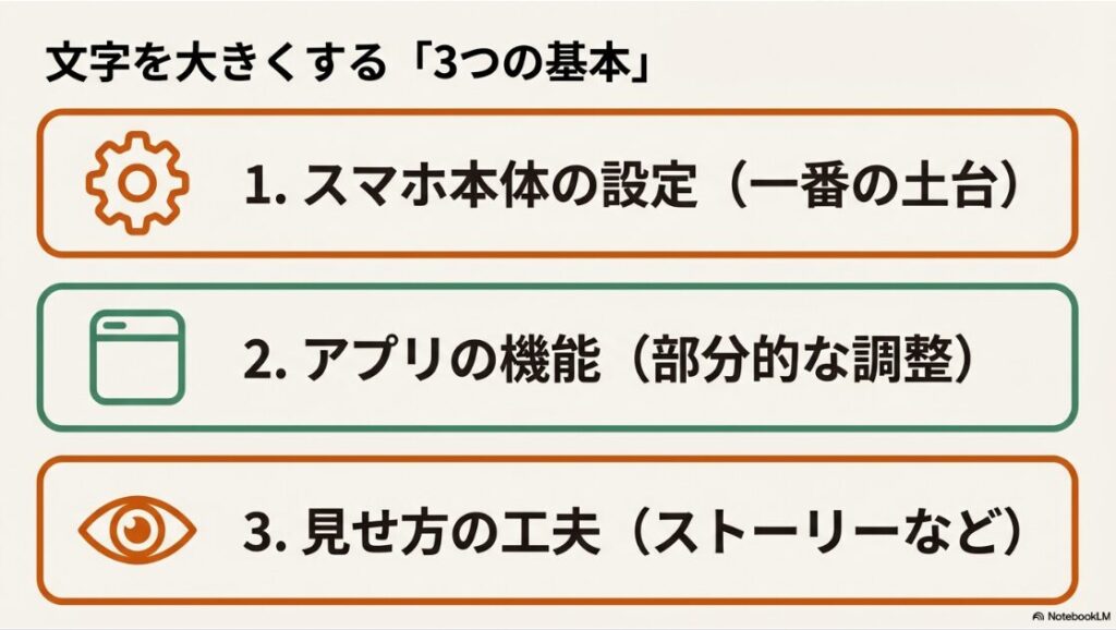 インスタの文字を大きくする方法：インスタの文字を大きくするための基本となる「スマホ本体の設定」「アプリの機能」「見せ方の工夫」の3つのステップ
