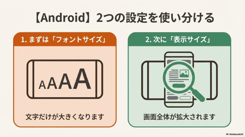 インスタの文字を大きくする方法：Android端末で文字を大きくする際の「フォントサイズ」と「表示サイズ」の設定の使い分けを示す図解