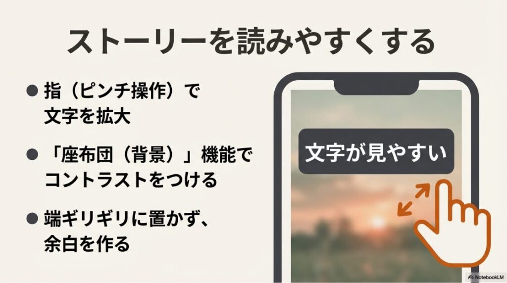 インスタの文字を大きくする方法：ストーリーの文字をピンチ操作で拡大し、座布団機能で背景をつけ、端に余白を作って読みやすくする方法