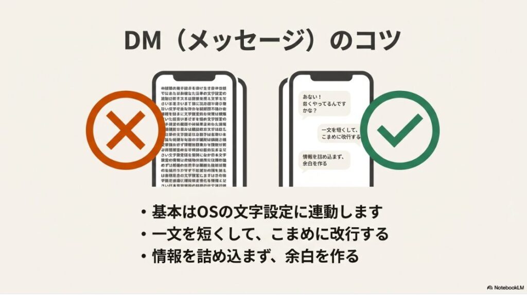 インスタの文字を大きくする方法：インスタのDMで情報を詰め込まずに一文を短くし、こまめに改行して余白を作るコツ