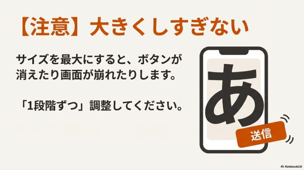 インスタの文字を大きくする方法：文字サイズを最大にすると送信ボタンが消えたり画面が崩れたりするため、1段階ずつ調整するよう呼びかける注意喚起の画像