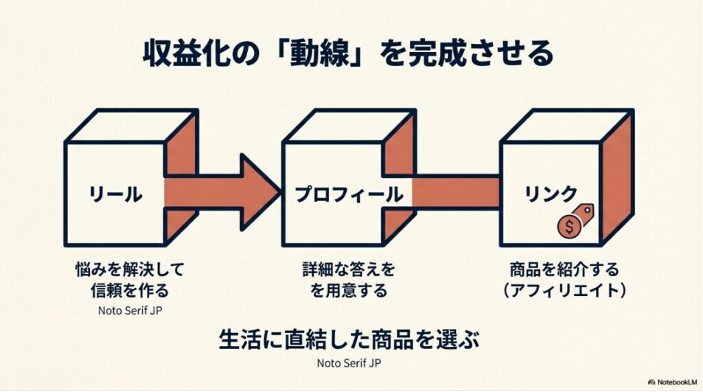 インスタで収益化の再生回数は？リールからプロフィール、リンクへ誘導して悩みを解決するアフィリエイト収益化の動線