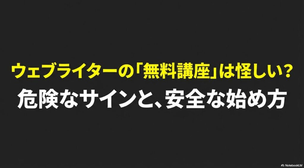 Webライターの「無料講座」は怪しい？危険なサインと、安全な始め方のスライド画像 。