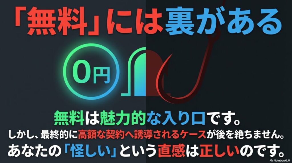 Webライターの無料講座は怪しい?「無料」には裏がある、最終的に高額な契約へ誘導されるケースが後を絶たないことを警告するスライド 。