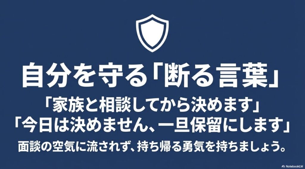 Webライターの無料講座は怪しい?自分を守る「断る言葉」として「家族と相談してから決めます」「今日は決めません、一旦保留にします」と記載された盾のアイコン付きスライド 。