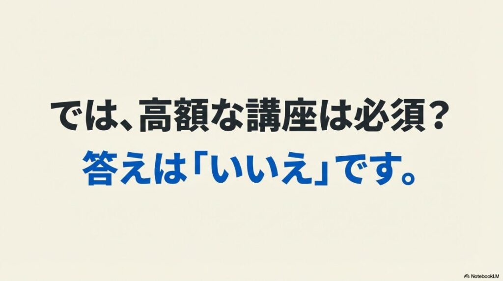 Webライターの無料講座は怪しい?では、高額な講座は必須?答えは「いいえ」です。と書かれたスライド 。