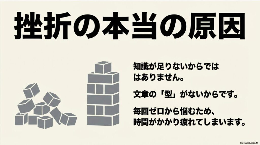 Webライターの無料講座は怪しい?挫折の本当の原因は知識不足ではなく文章の「型」がないからだと説明するスライド 。