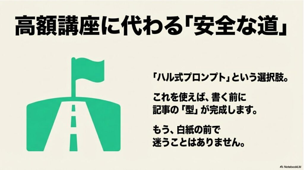 Webライターの無料講座は怪しい?高額講座に代わる「安全な道」として「ハル式プロンプト」という選択肢を紹介し、記事の「型」が完成すると説明するスライド 。