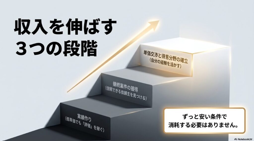 Webライターがクラウドソーシングを使う闇：実績作り、単価交渉と得意分野の確立、継続案件の獲得という収入を伸ばす3つの段階を示したスライド