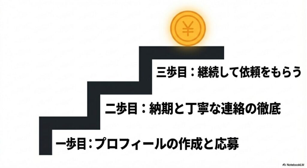 クラウドワークスでスマホのみの現実は？一歩目:プロフィールの作成と応募、二歩目:納期と丁寧な連絡の徹底、三歩目:継続して依頼をもらう