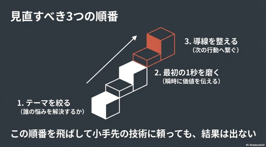 インスタでバズるには？基準はどうなる？アカウント見直しの3つの順番（テーマを絞る、最初の1秒を磨く、導線を整える）