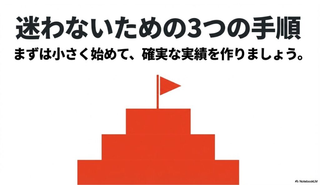 Webライターの大学生向け始め方｜階段を上って旗を目指すイラスト。「迷わないための3つの手順。まずは小さく始めて、確実な実績を作りましょう。」というテキスト 。