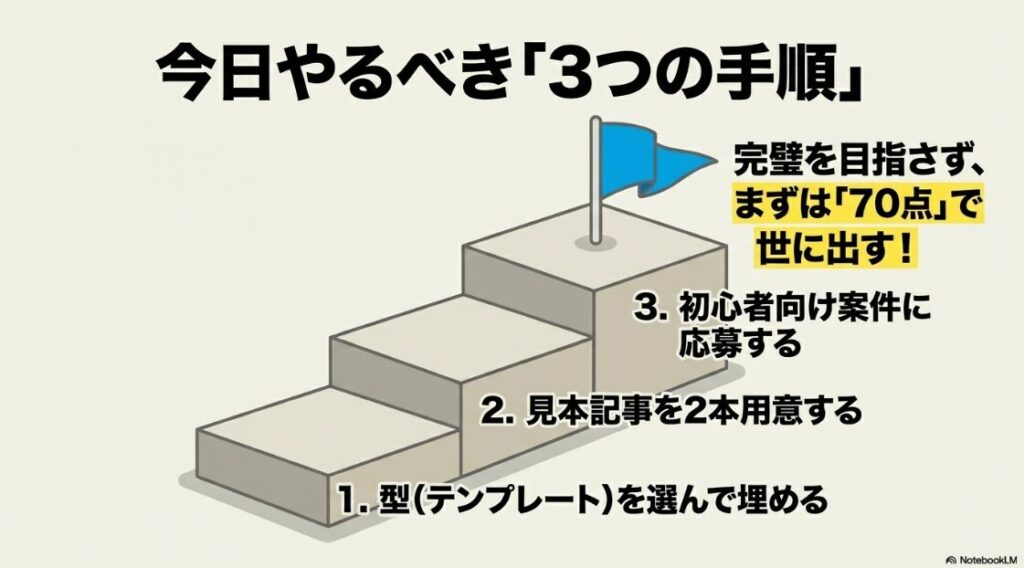 Webライターのポートフォリオ例│未経験の作り方:今日やるべき3つの手順。1.型を選んで埋める、2.見本記事を2本用意する、3.初心者向け案件に応募する。完璧を目指さずまずは70点で世に出すための階段の図解 。