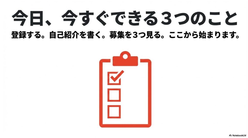 Webライターの大学生向け始め方｜クリップボードとチェックリストのイラスト。「今日、今すぐできる3つのこと。登録する。自己紹介を書く。募集を3つ見る。ここから始まります。」というテキスト 。