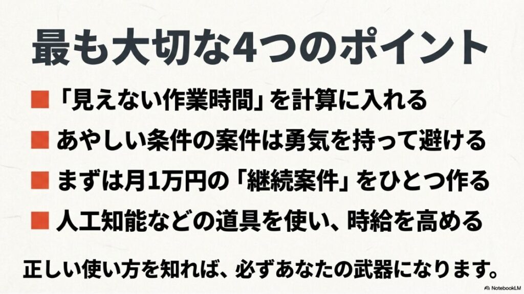 クラウドワークスは安すぎて月3万は無理?見えない時間の計算、怪しい案件の回避、月1万円の継続案件獲得、AIの活用という4つの重要ポイントのまとめ