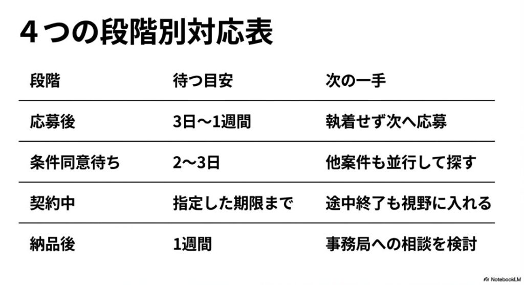 クラウドワークスでクライアントから連絡がこない:応募後、条件同意待ち、契約中、納品後の4つの段階別対応表