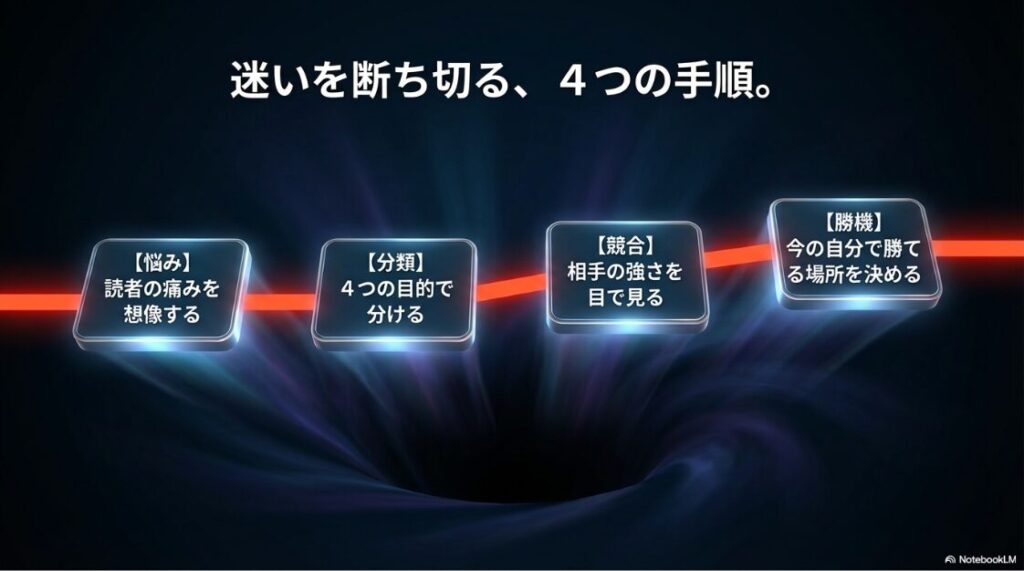 キーワード選定が難しい悩みを解決！キーワード選定の迷いを断ち切る4つの手順（悩み、分類、競合、勝機）