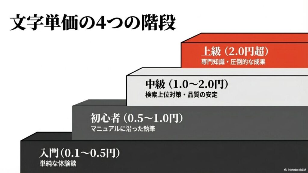 クラウドワークスの文字単価：文字単価の4つの階段。入門（0.1〜0.5円）、初心者（0.5〜1.0円）、中級（1.0〜2.0円）、上級（2.0円超）のレベルと特徴。