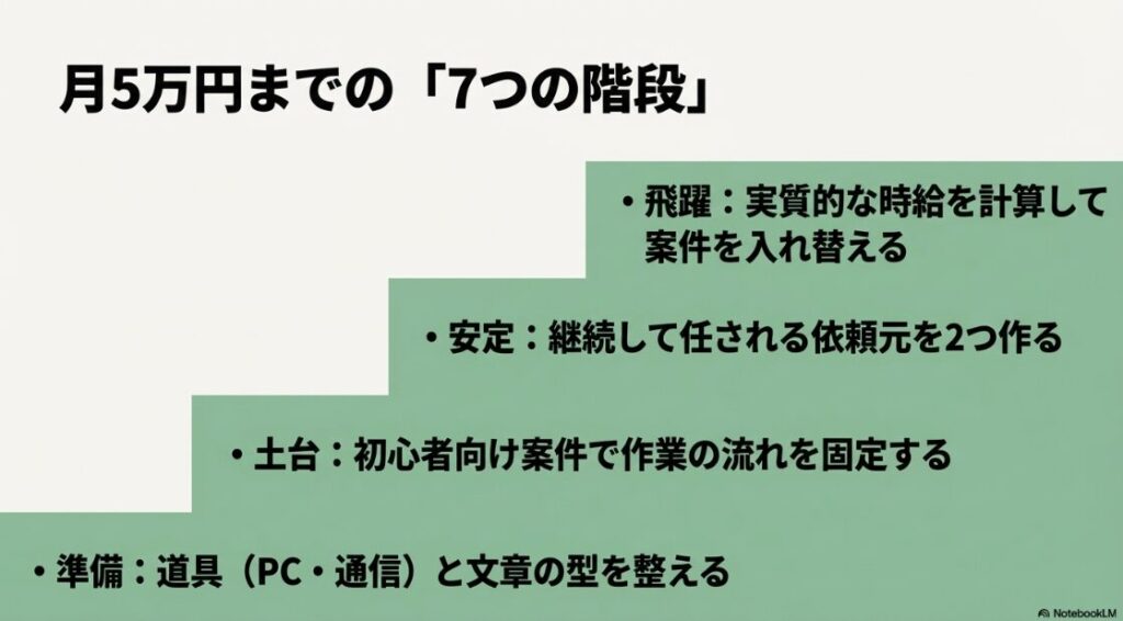 Webライターで月5万円：月5万円までの7つの階段。準備、土台、安定、飛躍というステップアップの流れ 。