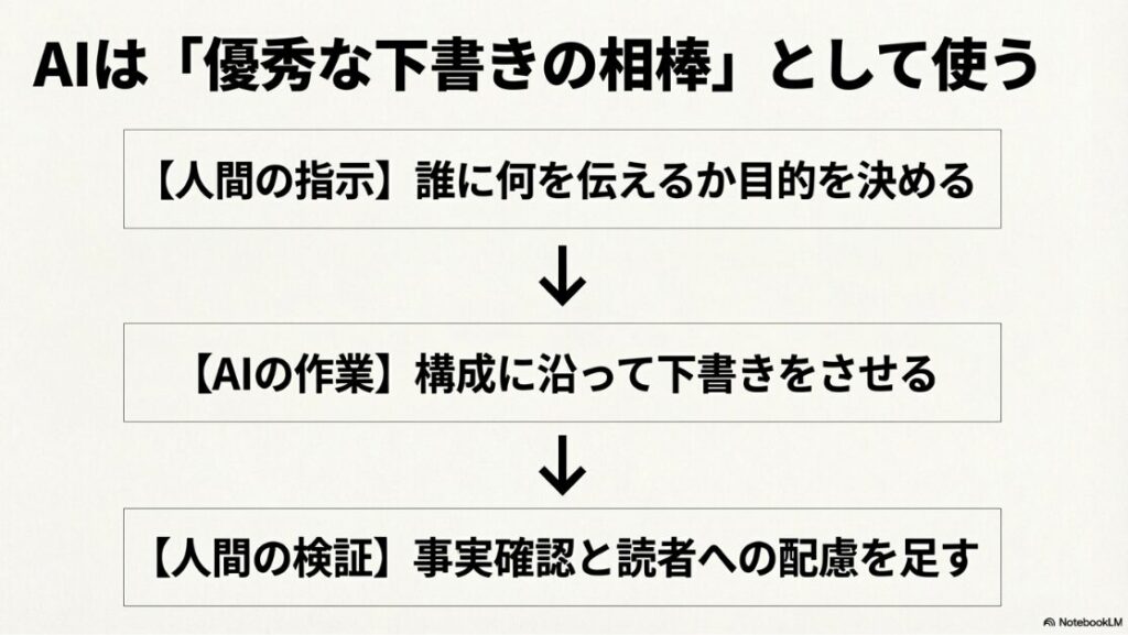 AIは「優秀な下書きの相棒」として使う。【人間の指示】誰に何を伝えるか目的を決める、↓、【AIの作業】構成に沿って下書きをさせる、↓、【人間の検証】事実確認と読者への配慮を足す