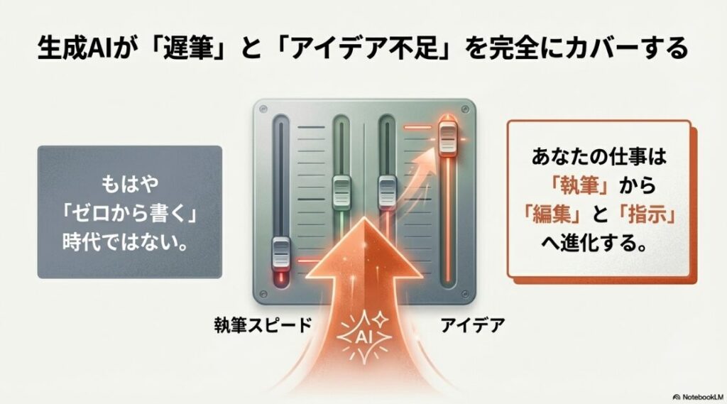 Webライターに向いてない人:ゼロから書く時代は終わり、生成AIが執筆スピードとアイデアをカバーし、編集と指示へ仕事が進化する図解