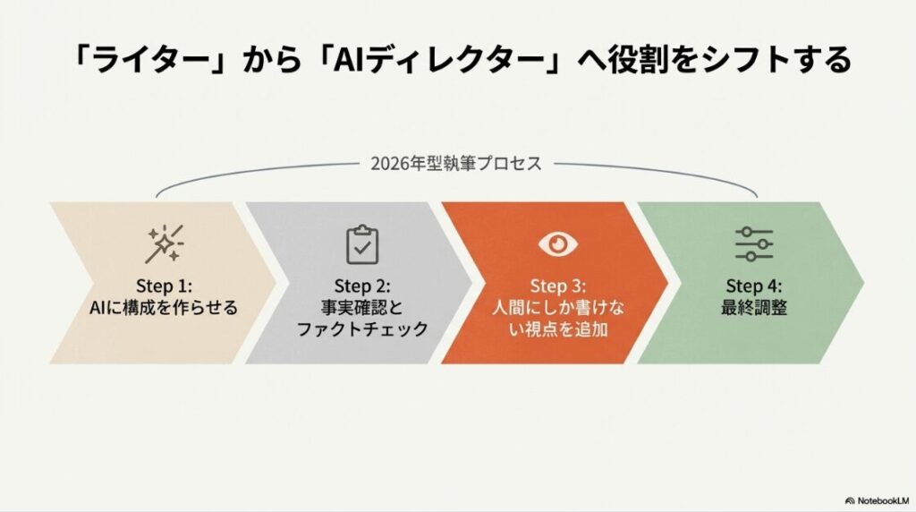 Webライターに向いてない人:AIに構成を作らせ、事実確認をし、人間独自の視点を追加して最終調整を行う2026年型の執筆プロセス