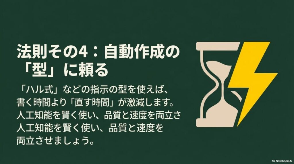 法則その4、自動作成の型に頼る。ハル式プロンプトなどの指示の型を使い、人工知能を賢く活用して品質と速度を両立させる