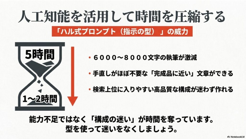 クラウドワークスは安すぎて月3万は無理?砂時計のイラスト。人工知能(ハル式プロンプト)を活用することで、執筆時間が5時間から1〜2時間に激減することを示す図