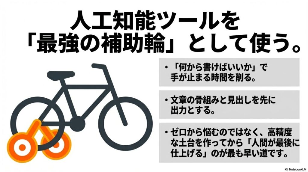 クラウドワークスでWebライターを未経験から始め方│人工知能ツールを最強の補助輪として使うことを表現した自転車の図解 。