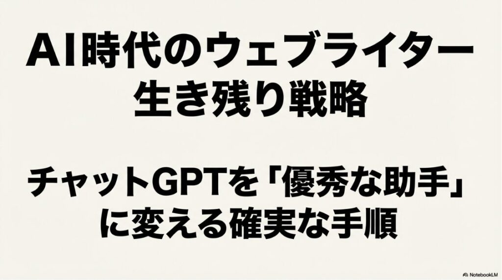 WebライターがchatGPTで失敗しないプロンプトと記事量産術：AI時代のウェブライター生き残り戦略、チャットGPTを優秀な助手にする手順のタイトルスライド