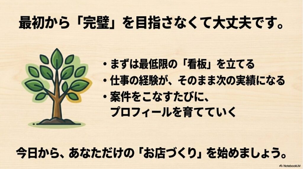 クラウドワークス初心者向け│プロフィールの書き方と写真のおすすめ:プロフィールは最初から完璧を目指さず、案件をこなすたびに育てていくことを表す成長する木のイラスト