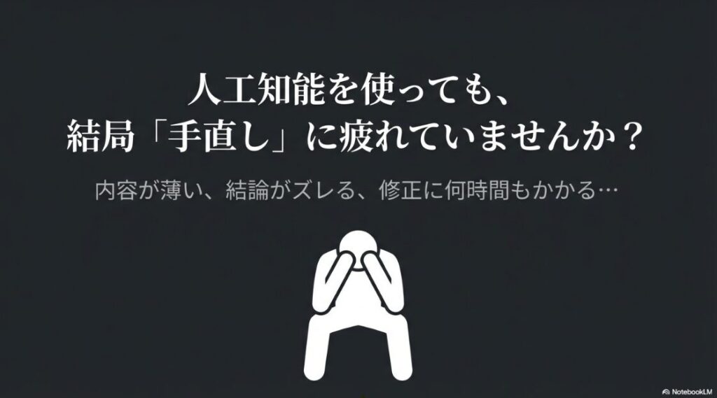 人工知能を使っても、内容が薄い、結論がズレるなど結局「手直し」に疲れてしまうという悩みを表したイラスト。