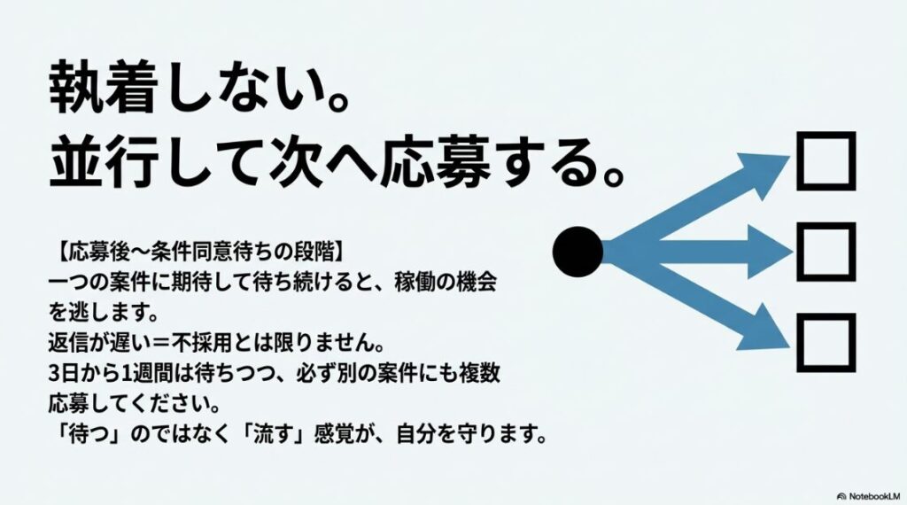 クラウドワークスでクライアントから連絡がこない:応募後から条件同意待ちの段階は並行して応募する