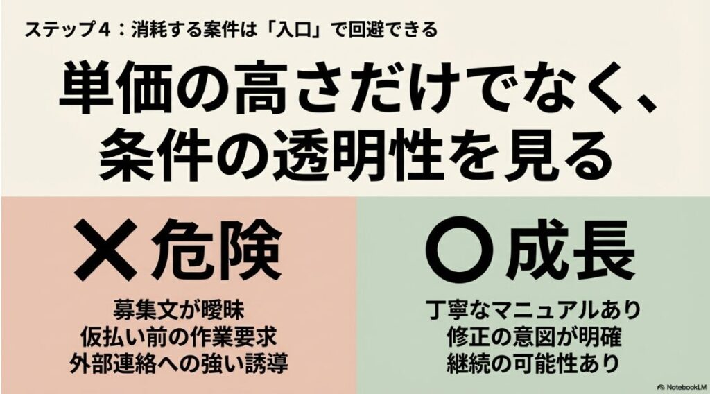 消耗する案件は入口で回避できる。単価の高さだけでなく、条件の透明性を見る